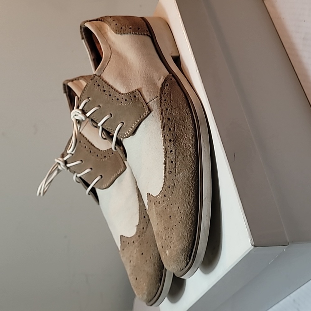 Stacy Adams tan and cream leather and canvas brogue wingtip Oxford size 11.5M